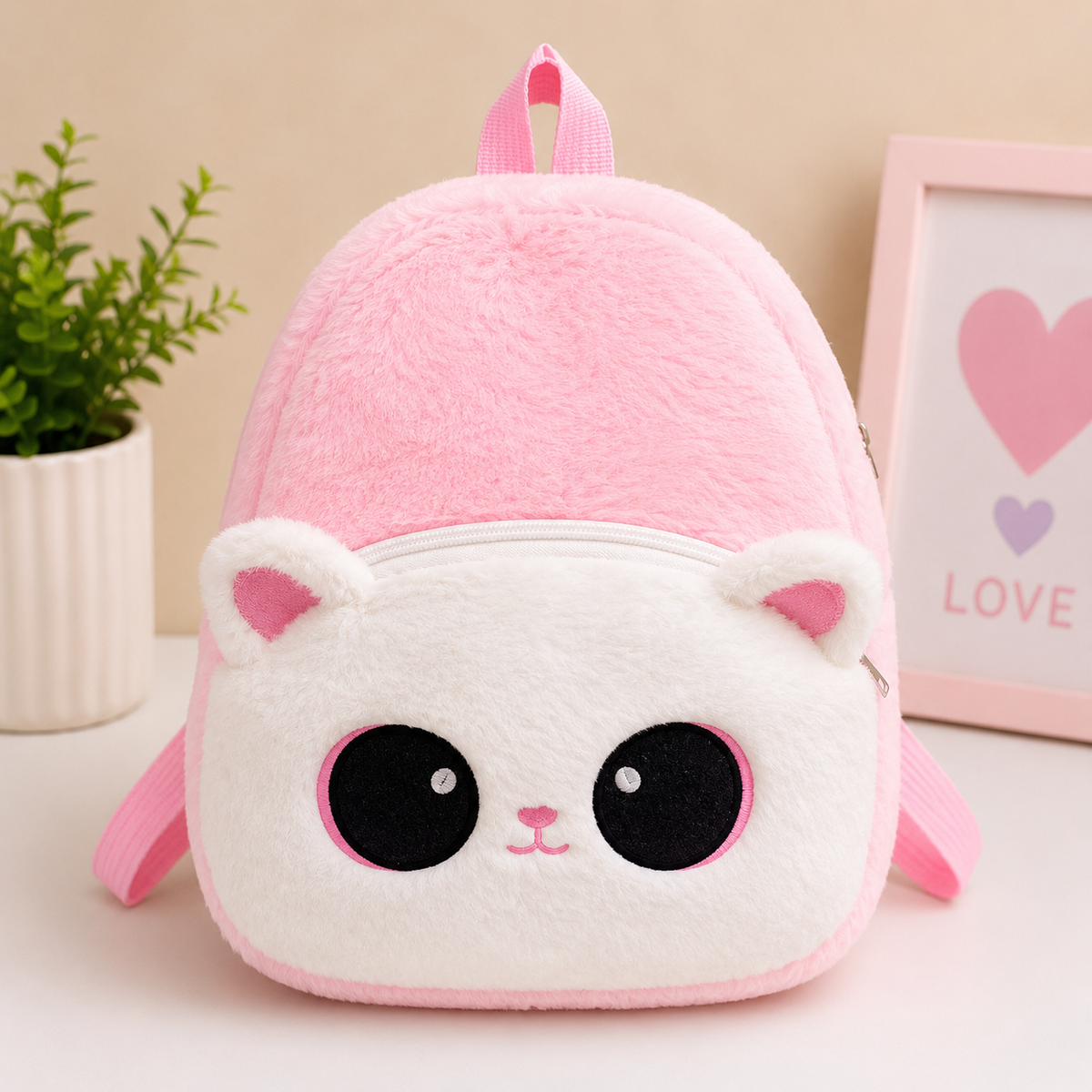 Pink Cat Plush Kids Backpack