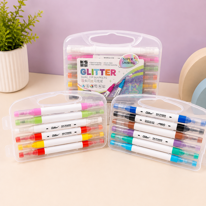 12 Colors Dual Tip Glitter Marker Pen Set