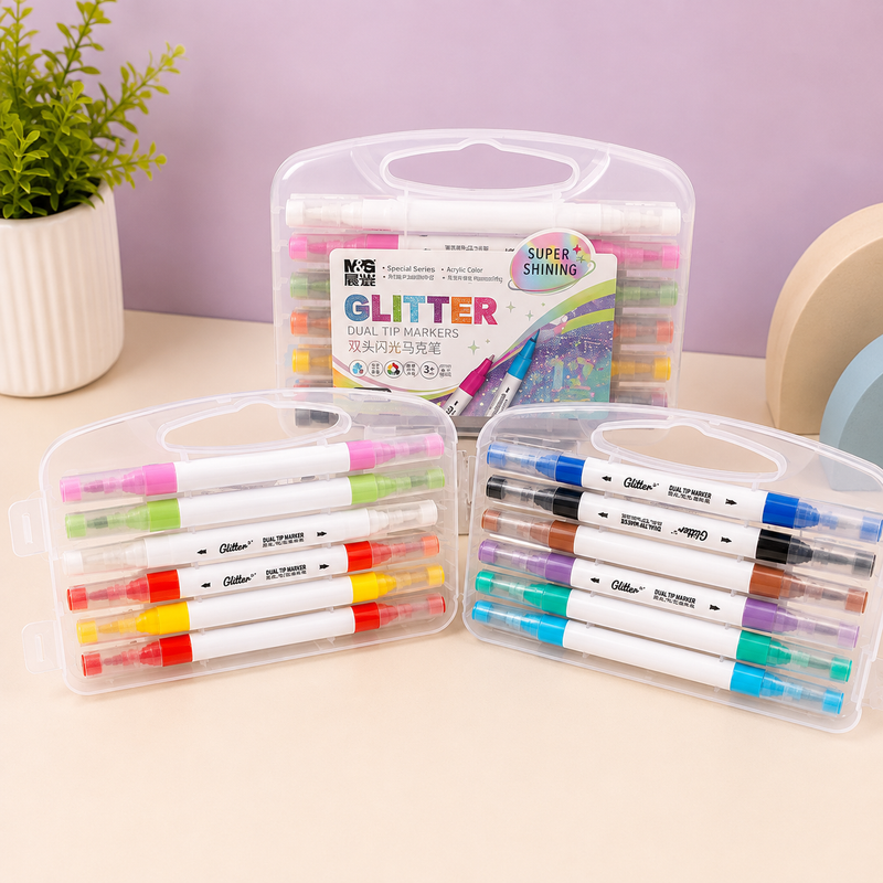 12 Colors Dual Tip Glitter Marker Pen Set