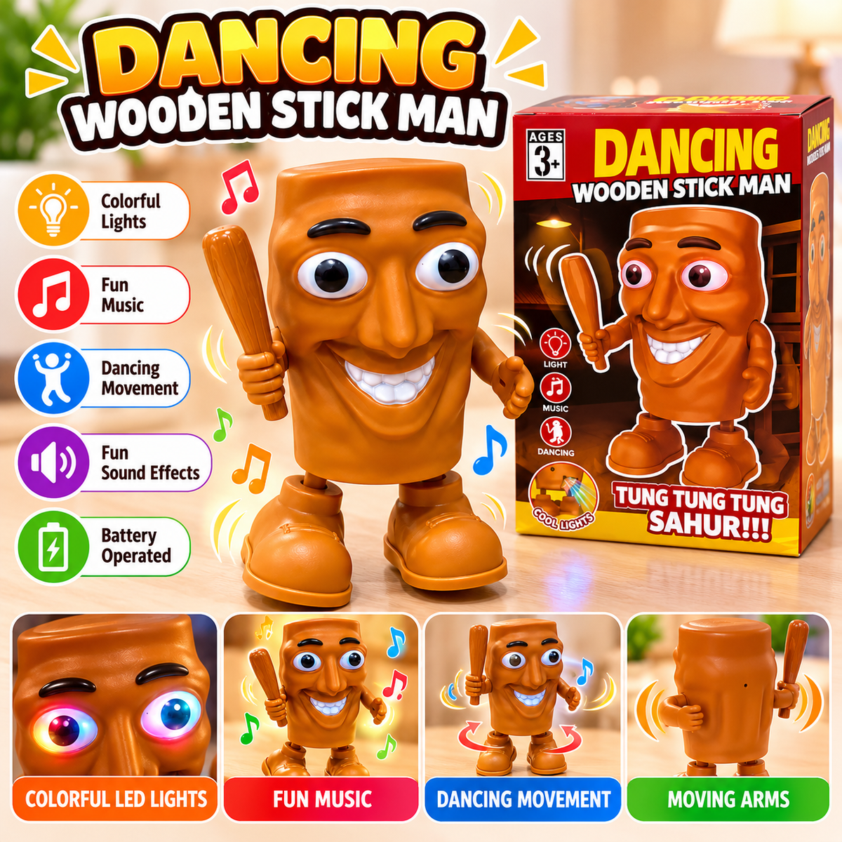Dancing Wooden Stick Man Toy with Lights & Music.