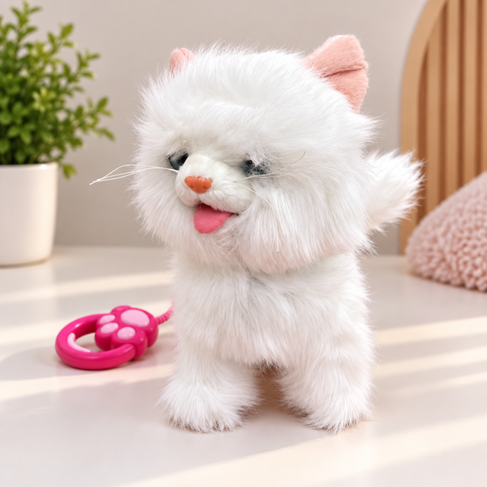 Interactive Walking & Meowing Plush Cat Toy with Wired Paw Remote - White