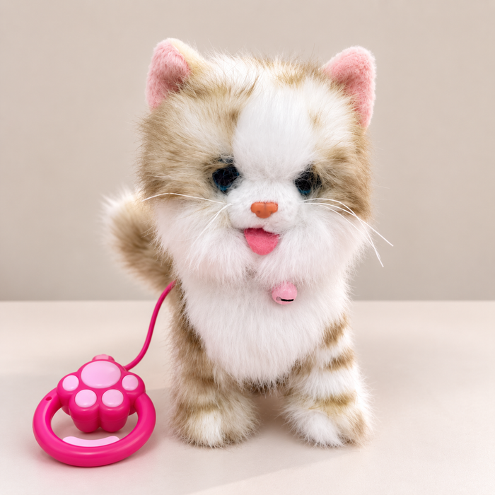 Interactive Walking & Meowing Plush Cat Toy with Wired Paw Remote - White & Brown