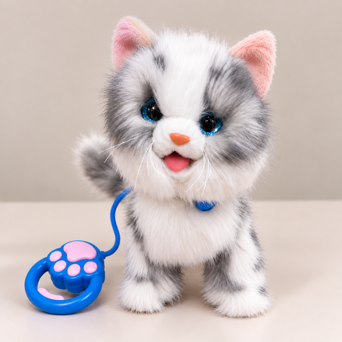 Interactive Walking & Meowing Plush Cat Toy with Wired Paw Remote - White & Grey