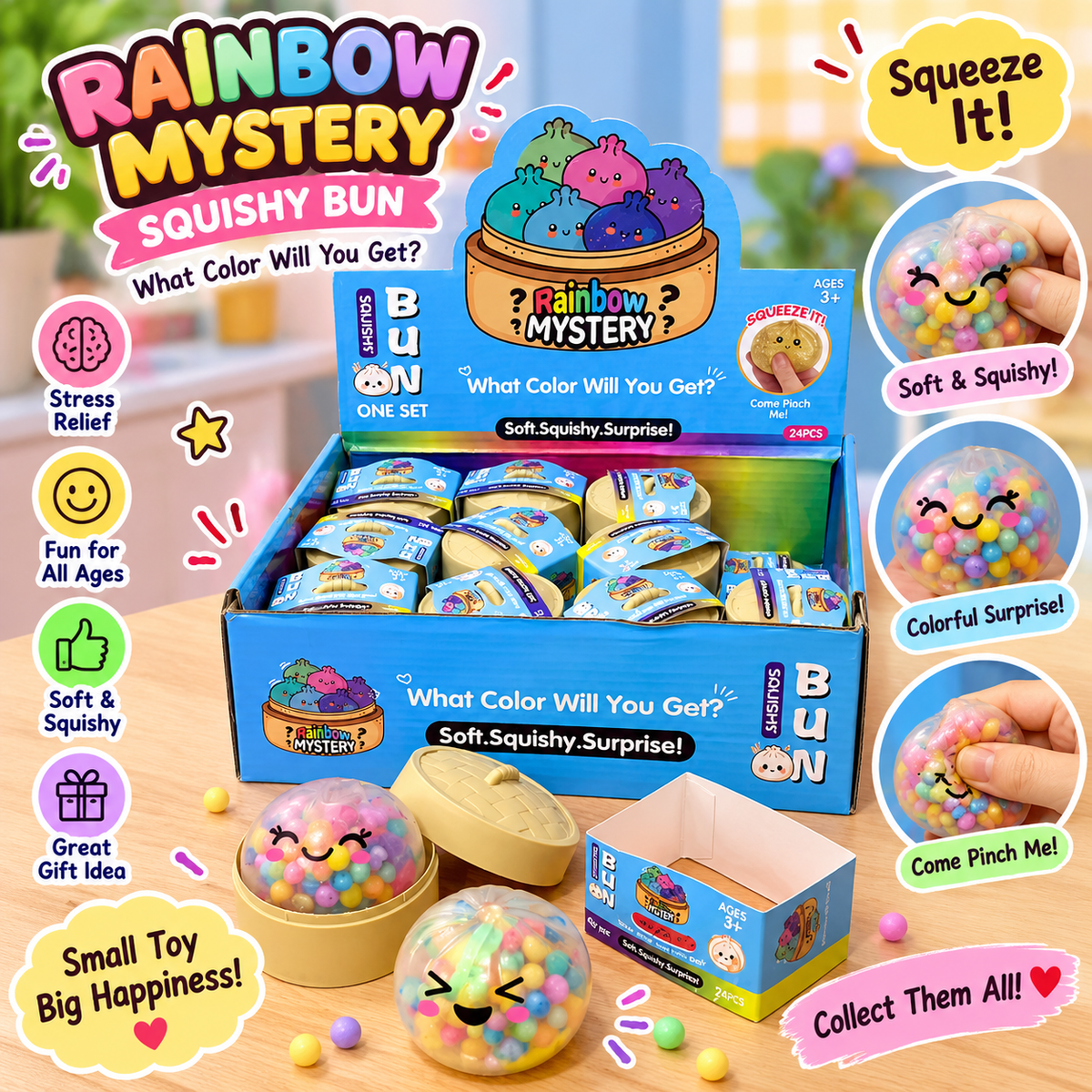 Rainbow Mystery Squishy Bun – Colorful Sensory Squeeze Toy