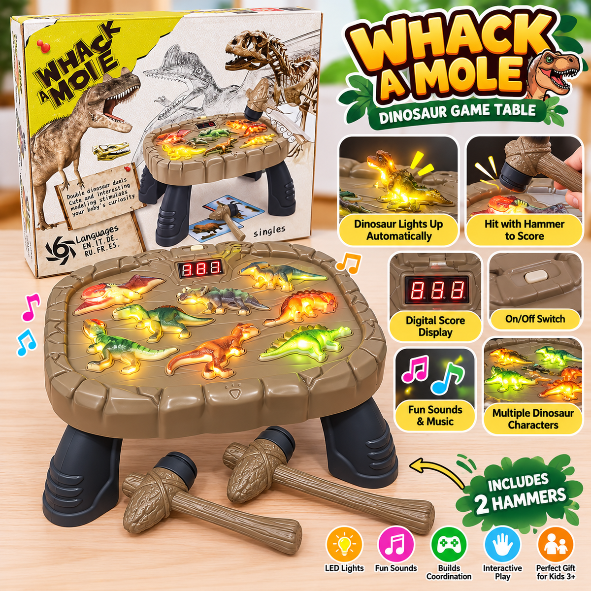 Interactive Dinosaur Whack-A-Mole Game Table with LED Lights & Digital Score Display