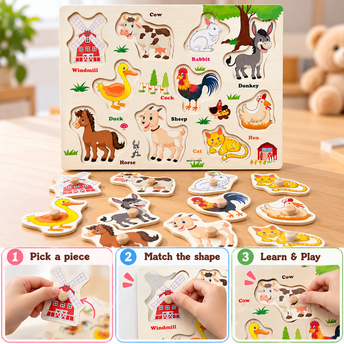 Wooden Farm Animals Knob Puzzle Board for Kids