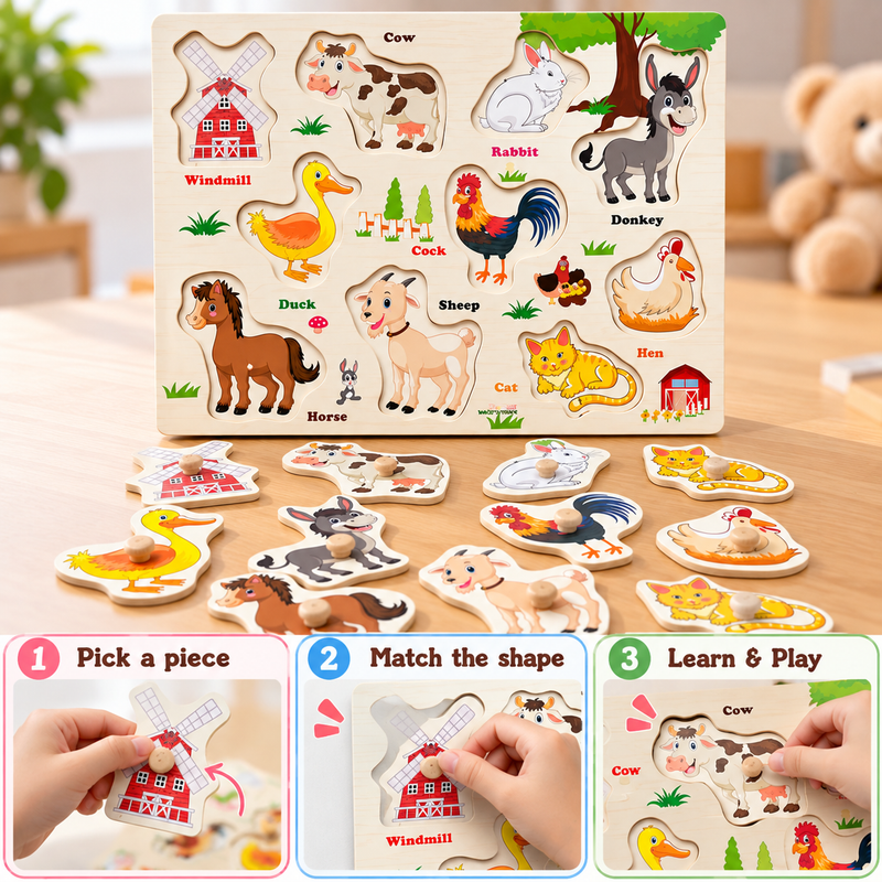 Wooden Farm Animals Knob Puzzle Board for Kids