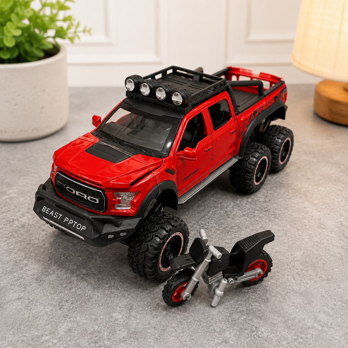 6-Wheel Off-Road Pickup Die-Cast Model with Mini Bike