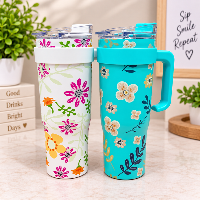 Floral Printed Travel Tumbler with Lid & Handle