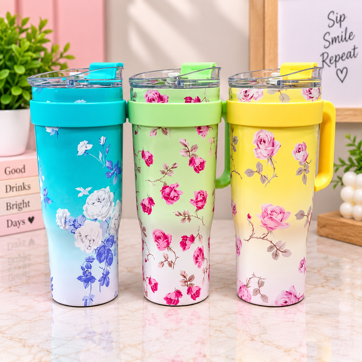 Floral Printed Travel Tumbler with Lid & Handle