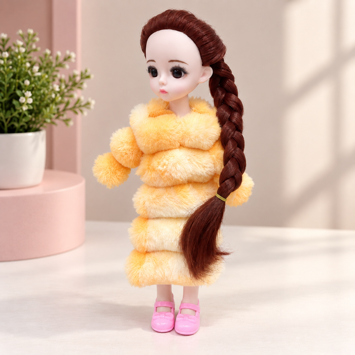 Long Braid Fashion Doll with Fluffy Winter Dress