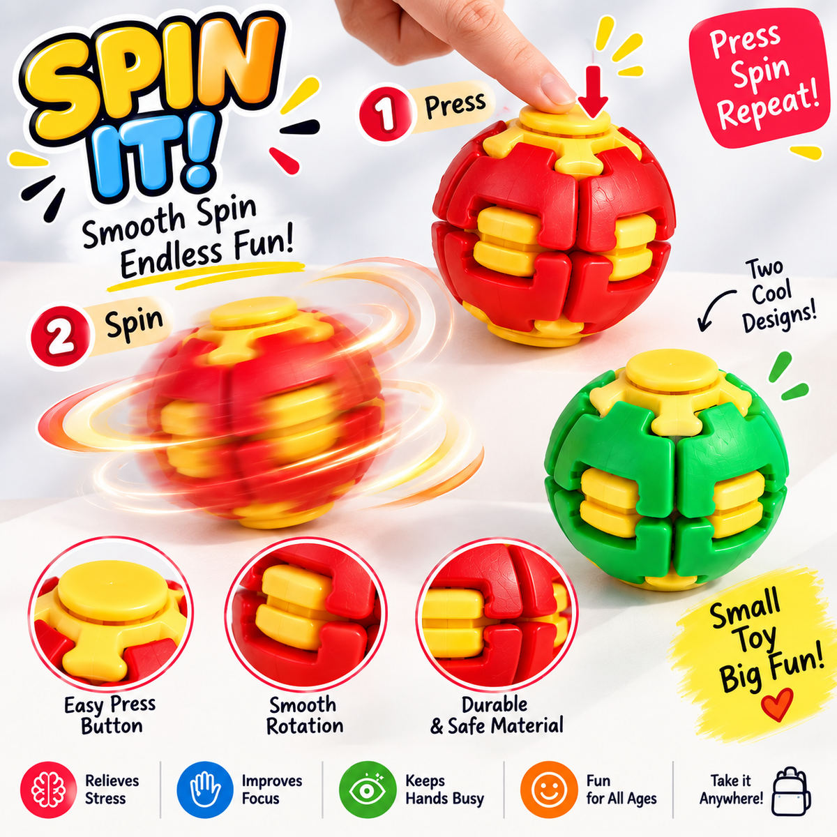 Press & Spin Fidget Ball – Stress Relief & Focus Toy