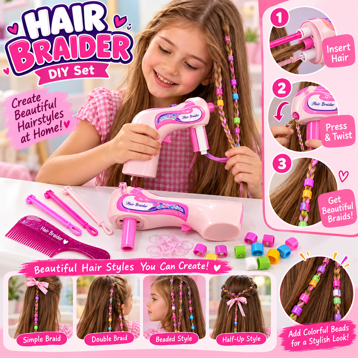 Kids DIY Hair Braider Styling Set with Colorful Beads & Accessories
