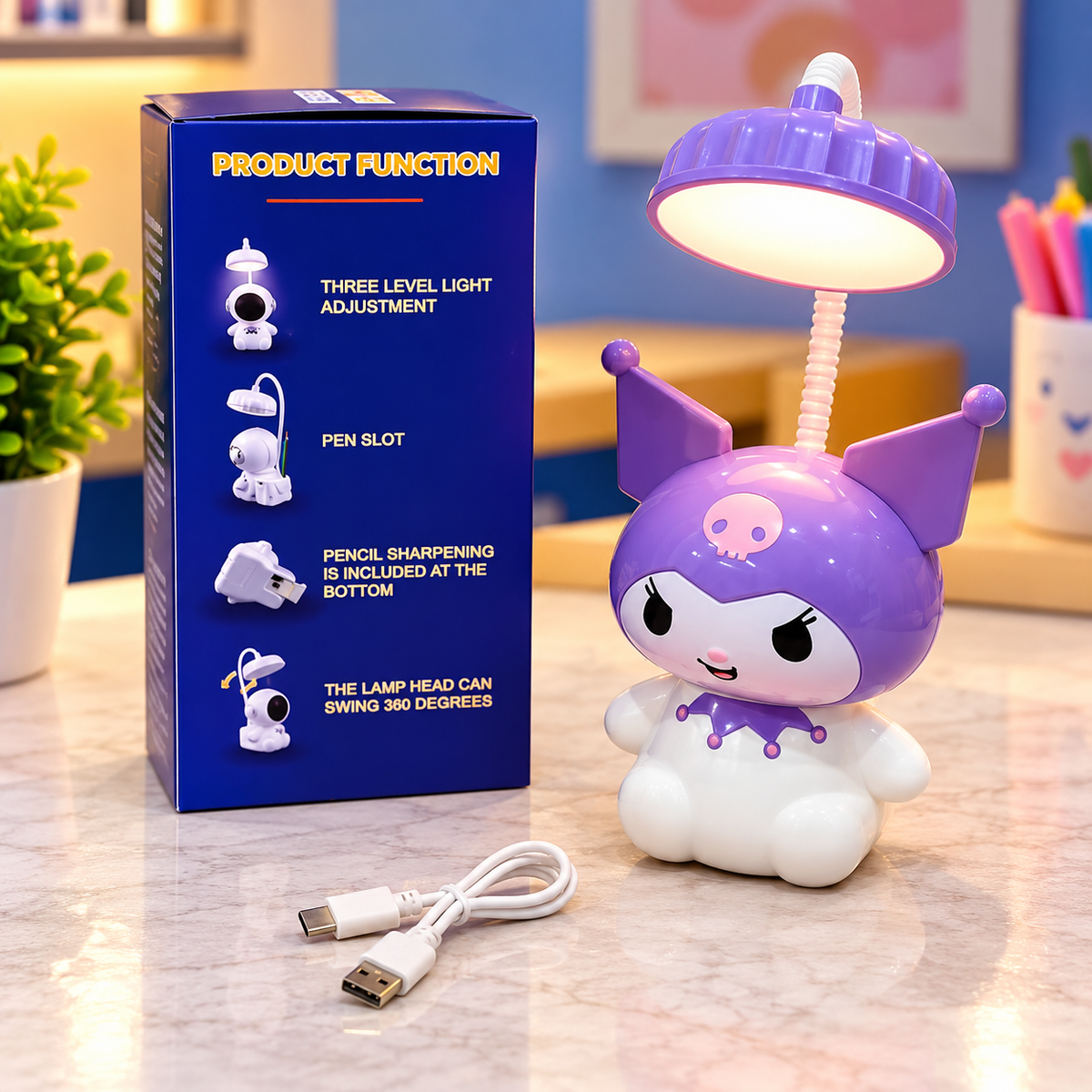 Cute Cartoon Character LED Desk Lamp with Pen Holder & Pencil Sharpener