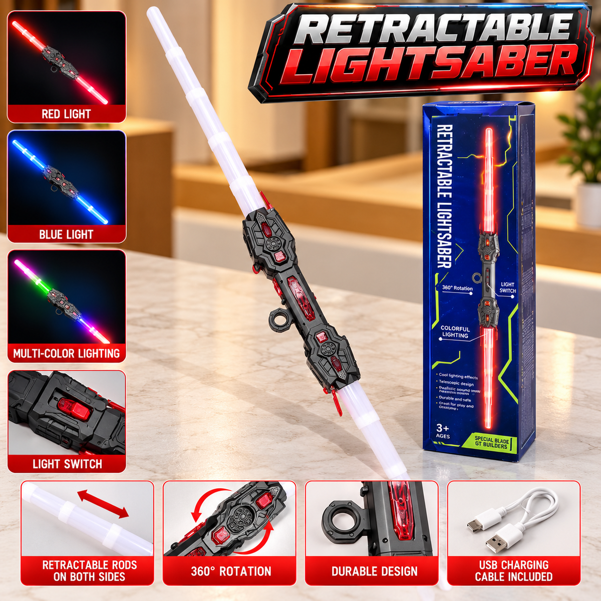 Double-Sided Retractable LED Lightsaber Toy for Kids